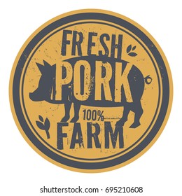 Pork stamp or label, text Fresh Pork Farm, vector illustration
