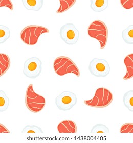 Pork steak and scrambled eggs seamless pattern. Used for design surfaces, fabrics, textiles, packaging paper.