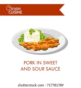 Pork in sweet and sour sauce with parsley on plate