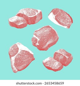 Schweinefleisch, Schweinefleischvektor, Schweinebild, Strichzeichnung auf hellblauem Hintergrund.