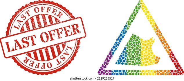 Pork warning mosaic icon of round dots in various sizes and spectrum multicolored color hues. Red round scratched stamp with Last Offer message. A dotted LGBT- colored pork warning for lesbians, gays,