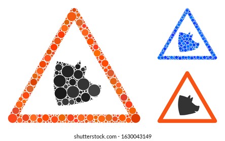 Pork warning mosaic of small circles in different sizes and color tinges, based on pork warning icon. Vector random circles are combined into blue mosaic.