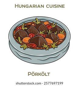 Porkolt is a traditional Hungarian meat stew, slow-cooked with paprika, onions, and various spices, often served with noodles or dumplings.