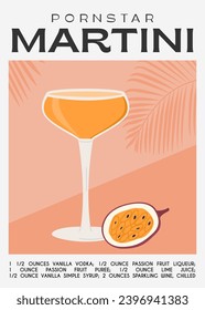Pornstar Martini Cocktail garnished with passion fruit. Classic alcoholic beverage recipe. Summer aperitif poster. Minimalist trendy print with alcoholic drink. Vector flat illustration.