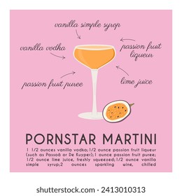 Pornstar Martini Cocktail garnished with passion fruit. Classic alcoholic beverage recipe modern square print with ingredients. Summer aperitif. Minimalist trendy alcoholic drink. Vector illustration.