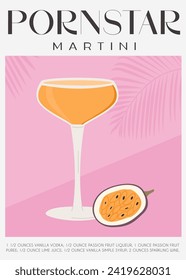 Pornstar Martini Cocktail garnished with passion fruit. Classic alcoholic beverage recipe modern wall art print. Summer aperitif poster. Minimalist trendy alcoholic drink. Vector flat illustration.