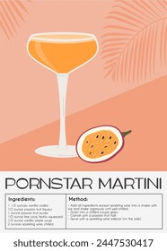 Pornstar Martini Cocktail garnished with passion fruit. Classic alcoholic beverage recipe. Summer aperitif poster. Minimalist trendy print with alcoholic drink. Vector flat illustration.