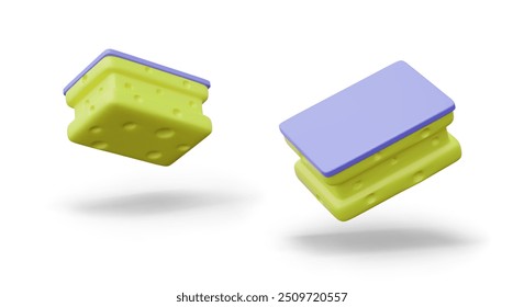 Porous kitchen sponge in different positions. Modern accessory for washing and wiping off dirt