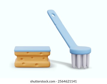 Porous sponge with two hardness levels, plastic brush. Vector composition for advertising service clinics. Hand cleaning tools shop icons. Housekeeping accessory