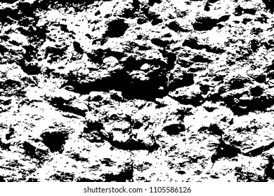 Porous stone distressed vector texture. Black and white noise for obsolete effect. Rough stone grunge overlay. Volcanic stone relief. Aged and worn texture. Monochrome grit layer. Rough stone surface
