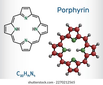 Porphine or Porphyrin, member of porphyrins molecule. It is class of macrocyclic aromatic compounds. Structural chemical formula, molecule model. Vector illustration