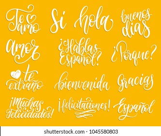 Porque, Hola, Ta Amo translated from Spanish handwritten phrases Why, Hello, I Love You etc. Vector calligraphy set on yellow background.