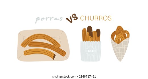 Porras vs churros. Spanish, Madrid traditional pastries for breakfast. Set of vector illustration for design and handwritten text.