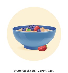 Porridge with berries as healthy breakfast 3D illustration. Cereal with blueberries and strawberries inside yellow circle in 3D style on white background. Healthy eating, food, diet, nutrition concept