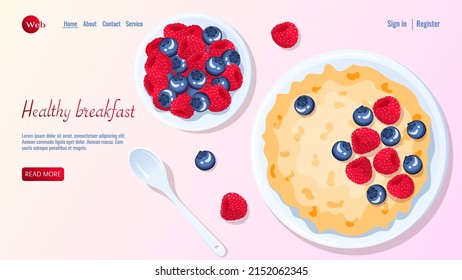 Porridge and berries, spoon near. Raspberry and blueberry. Breakfast, healthy food, dieting concept. Vector illustration for flyer, poster, banner, website development.