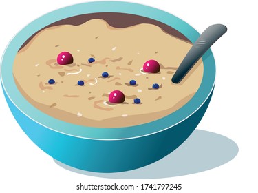  Porridge with berries vector illustration. A healthy breakfast illustration. A tasty vegan meal vector illustration. A bowl of porridge with spoon isolated vector illustration. A yummy meal vector.