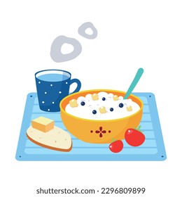 Porridge in Bowl, Bread with Butter and Mug with Hot Steaming Tea as Tasty Breakfast or Brunch with Typical Food Vector Illustration