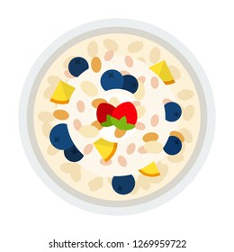 Porridge in a bowl with milk, blueberries and strawberries top view vector flat icon isolated on white