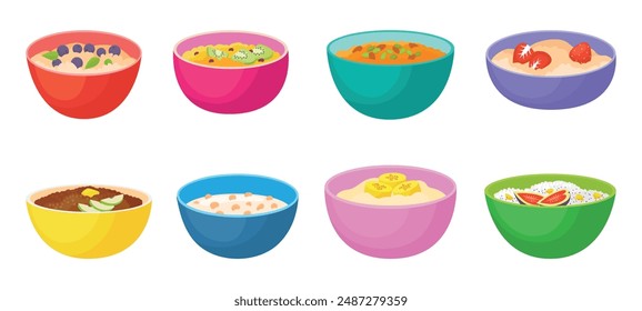 Porridge bowls. Rice oat flakes corn with milk or juice. Healthy vegan breakfast food, nutrition for kids adults. Fruits grains berries and nuts, neoteric vector set