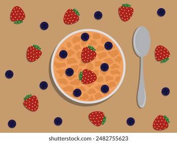 Porridge Breakfast with Berries Flat Style. Morning and fitness food types concept vector