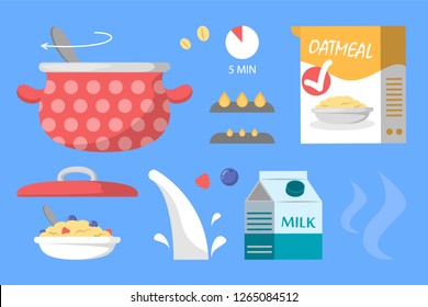 Porridge for breakfast recipe kit. Collection of elements for cooking in boiling water breakfast. People on diet. Morning oatmeal illustration. Vector design. Pot and granola.