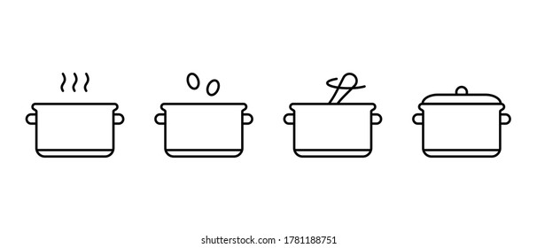Porridge or cereal basic instruction. Cooking rice, millet, buckwheat, oatmeal on stove. Linear icon of saucepan with boiling water, lid, spoon. Contour isolated vector illustration, white background
