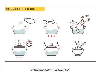 Direcciones de cocción de avena. Pasa cómo cocinar. Ilustración vectorial.