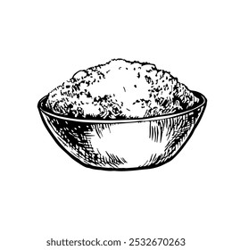 Porridge in a cup. Vector image of food. A black and white hand-drawn illustration. On a white background. Great for menus, posters or stickers, as well as for cooking recipes and invitations.