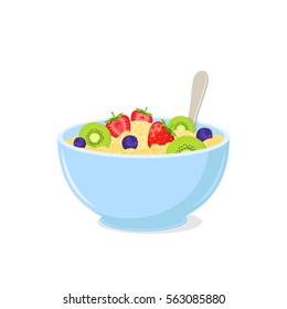 Porridge with fruits in a bowl. Healthy vegetarian meal isolated on white. 