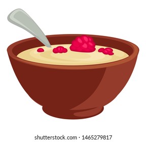 Porridge with milk and raspberry and spoon vector isolated meal traditional snack tasty lunch dietary dish with berry, and diary ingredient healthy eating and lifestyle soup with sweet dessert