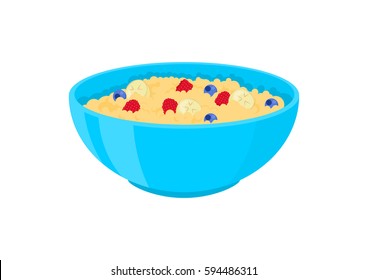 Porridge oats in bowl with bananas, raspberry, blueberry and cereals isolated on white.