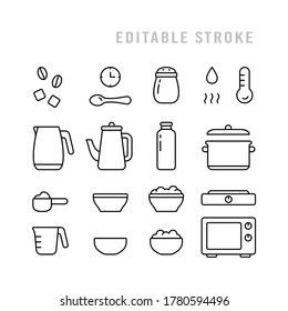 Iconos de empaquetado de avena. Pictogramas básicos para comida seca instantánea. Cereales de elaboración, cocina en fogones o microondas. emblema de trazo modificable lineal negro. Contorno de ilustración vectorial aislada en blanco