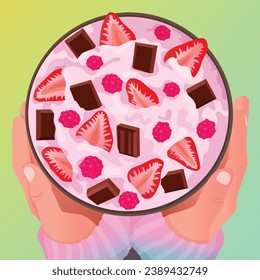 porridge pudding yogurt with fruits and chocolate coloring book bowl hands holding top view