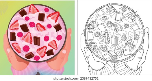 porridge pudding yogurt with fruits and chocolate coloring book bowl hands holding top view