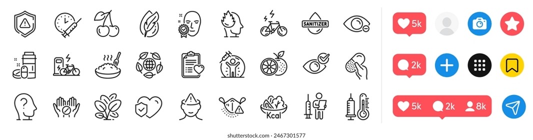 Porridge, Thermometer und Kapsel Pille Linie Icons Pack. Social-Media-Symbole. Check Eye, Shield, Hand Sanitizer Web Symbol. Lebensversicherung, Krankengeschichte, Medizin-Piktogramm. Vektorgrafik