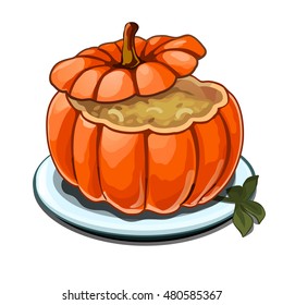 Porridge within the pot of a ripe pumpkin. Vector illustration.