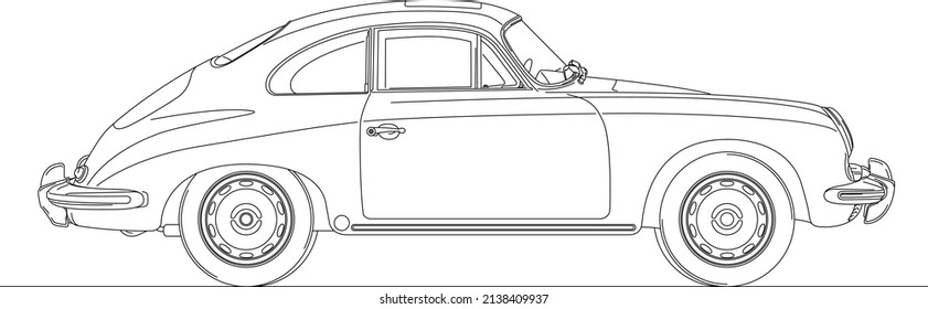 Porsche 356 Vintage Car Outlined Silhouette, Illustration