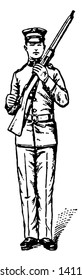 Port Arms with the right hand raise and throw the piece diagonally across the body, vintage line drawing or engraving illustration.