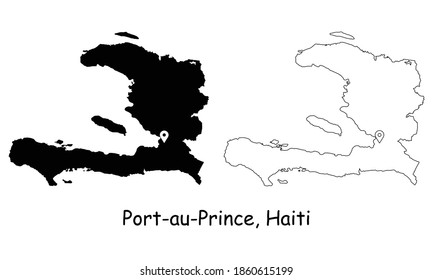 Port au Prince Haiti. Detailed Country Map with Location Pin on Capital City. Black silhouette and outline maps isolated on white background. EPS Vector