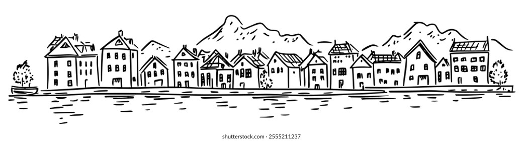 port in Bergen, doodle hatching vector sketch, panoramic view