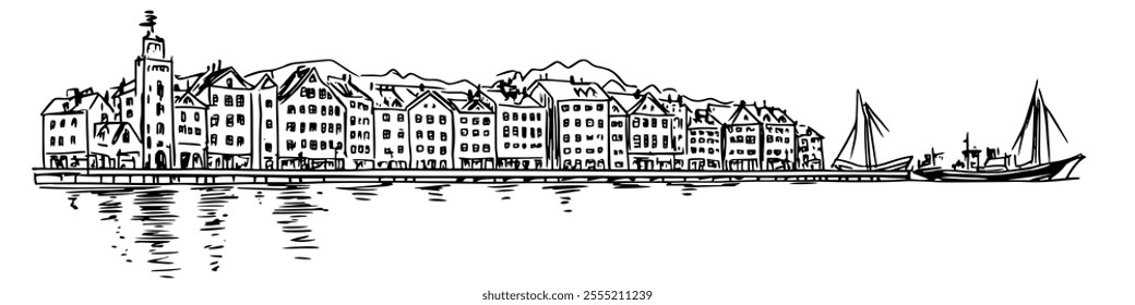 port in Bergen, doodle hatching vector sketch, panoramic view