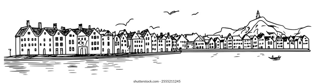 port in Bergen, doodle hatching vector sketch, panoramic view