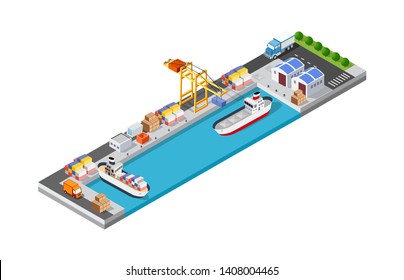 Hafenfrachtschiff Transport Logistik Seehafen Vektor Vorlage mit einer isometrischen Abbildung. Das Meer mit Krancontainer und Schiff.