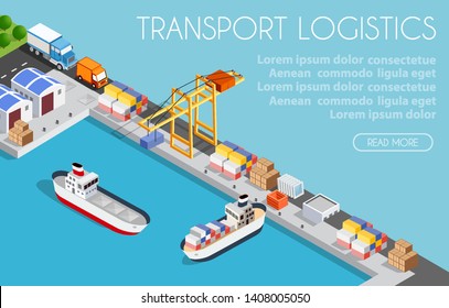 Port cargo ship transport logistics seaport webpage vector template with an isometric illustration. Website interface design. The sea with crane container and vessel. Web banner idea.