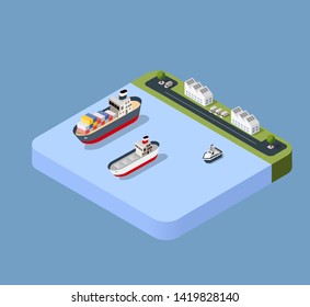 Port cargo ship transport logistics seaport vector template with an isometric illustration. The sea with crane container and vessel