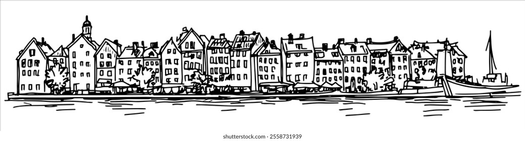 port in Copenhagen city panorama hand drawing doodle hatching vector sketch