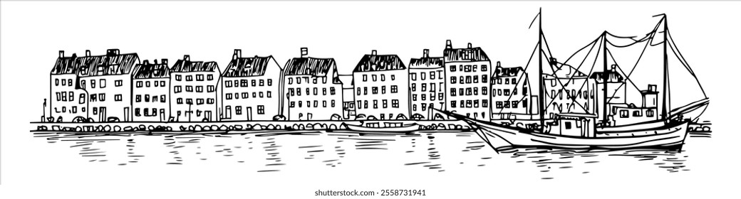 port in Copenhagen city panorama hand drawing doodle hatching vector sketch