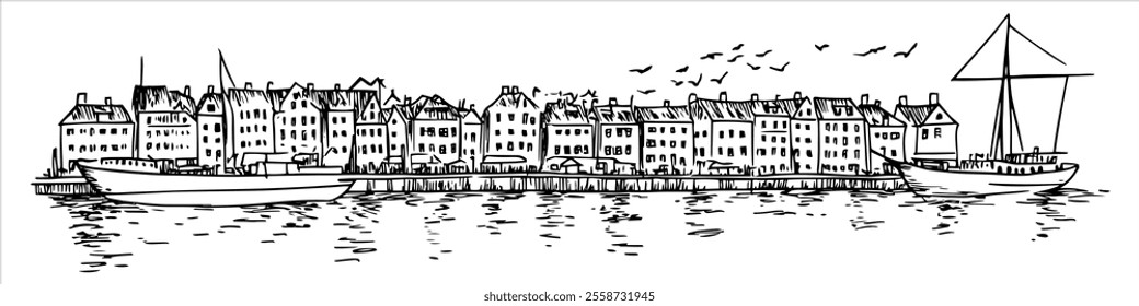 port in Copenhagen city panorama hand drawing doodle hatching vector sketch