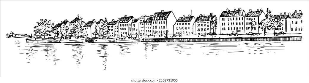 port in Copenhagen city panorama hand drawing doodle hatching vector sketch