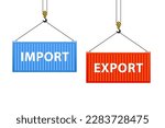 A port crane accepts two cargo containers with the words import and export on top. Cargo container. Cargo transport container hangs on a crane hook. Flat style. Import and export. Vector illustration